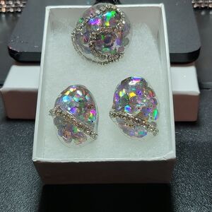 Dazzling Silver Earrings and Iridescent Ring Set